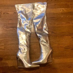 Brand new in box, never worn Silver w/Lucite heel Over the Knee Boots!
